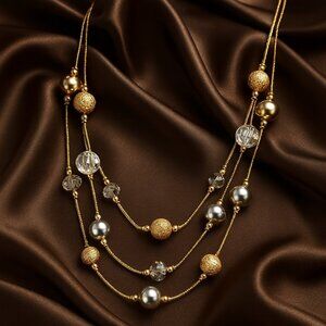 Layered Gold & Silver Beaded Necklace — Multi‑Strand Statement Fashion Jewelry